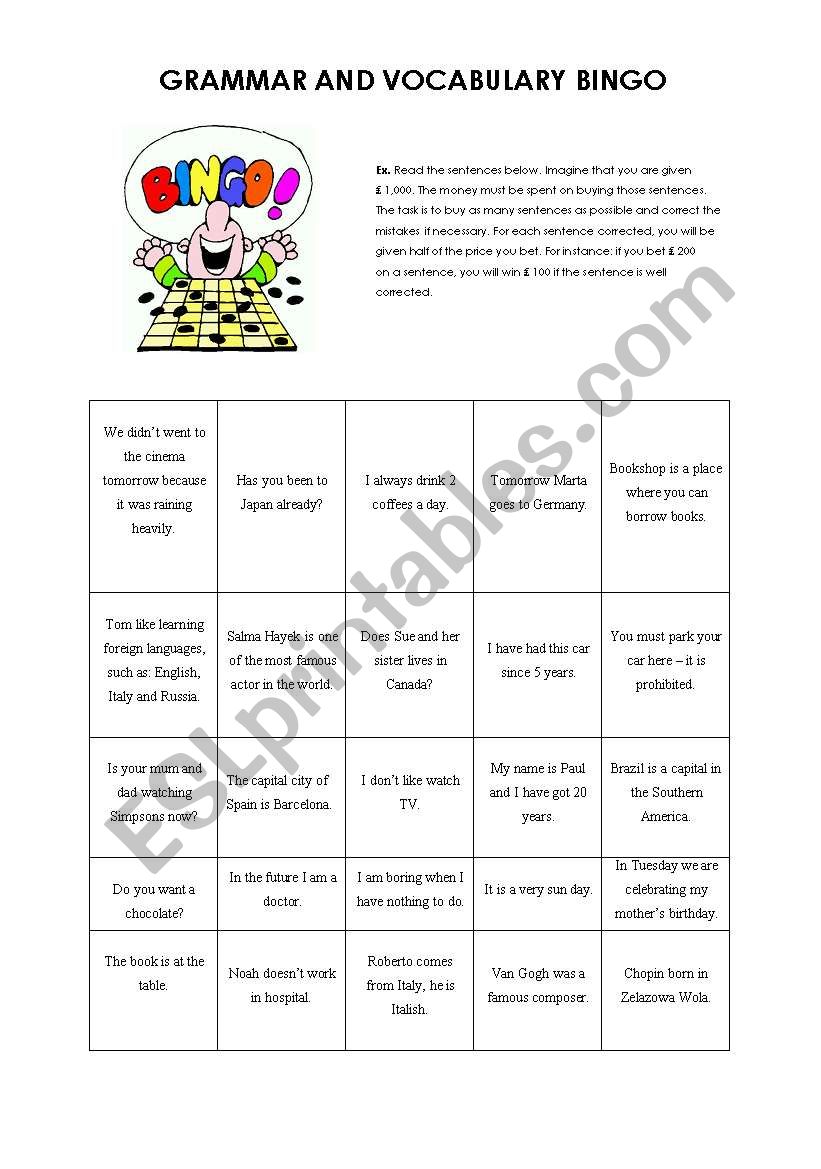 GRAMMAR AND VOCABULARY BINGO (ELEMENTARY)