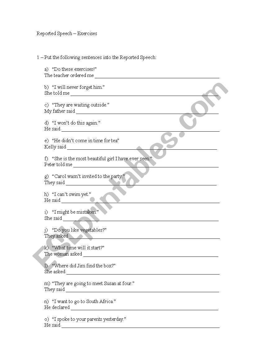 Reported Speech - exercises worksheet