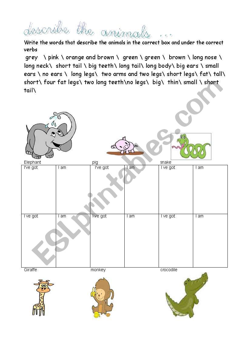 describe the animal worksheet