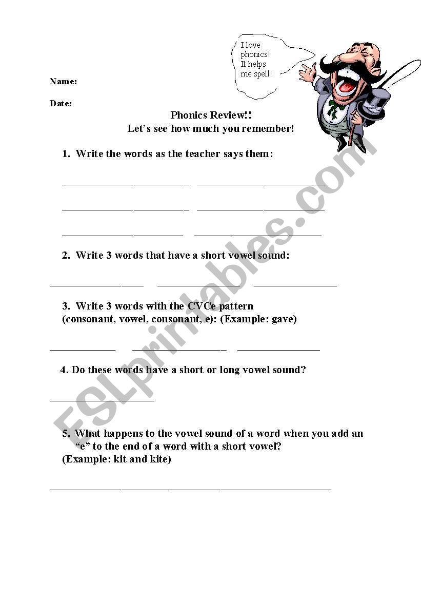 Long vowel phonics review worksheet