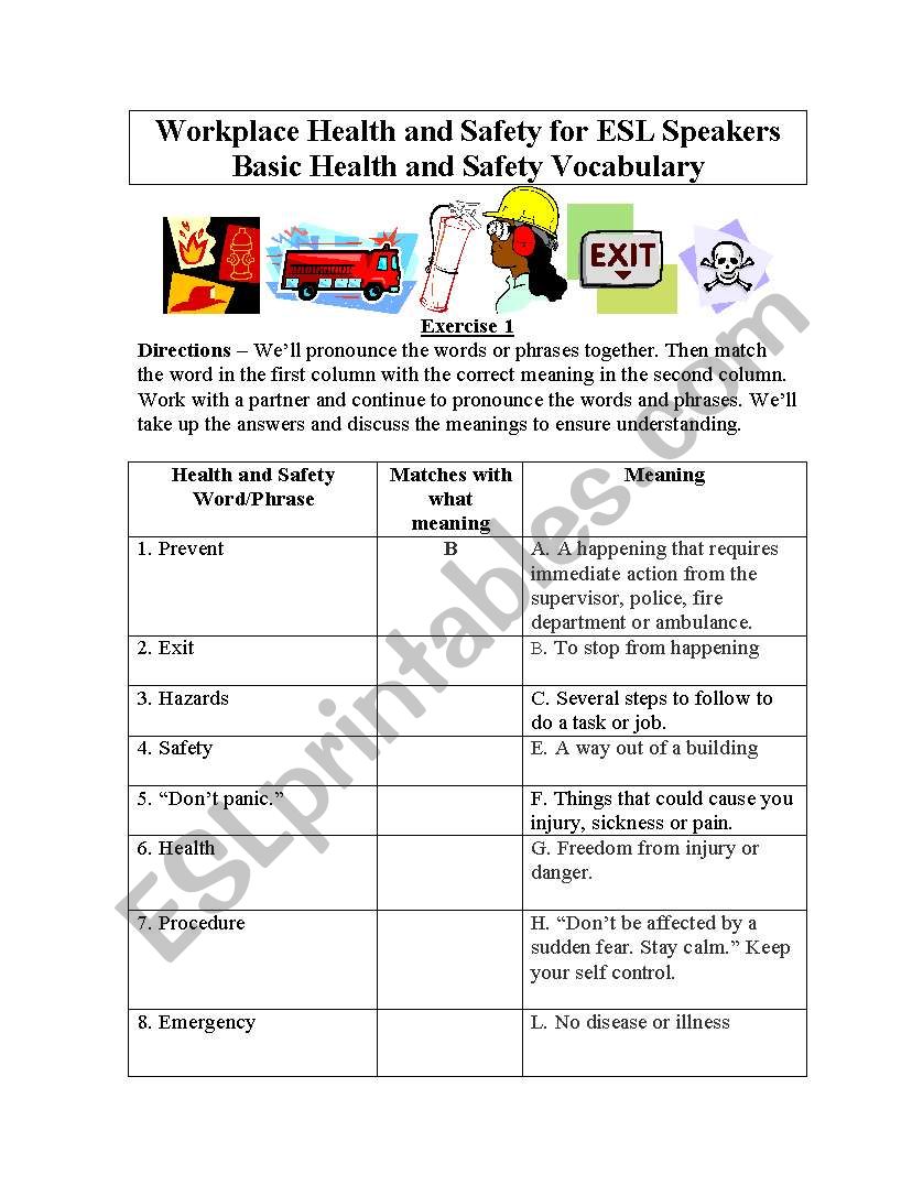 Basic Health and Safety Vocabulary for English Students - Matching Exercise/Cloze/ Answer Keys