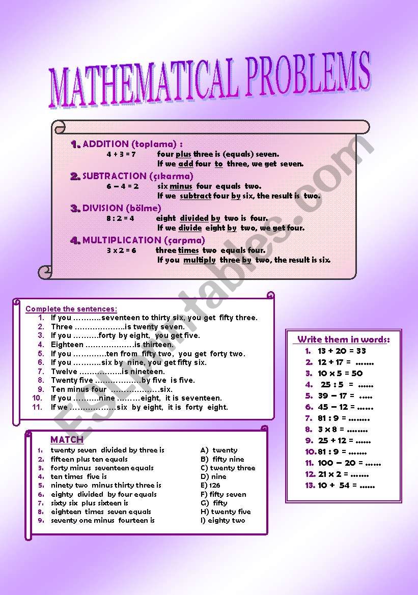 MATHEMATICAL PROBLEMS worksheet