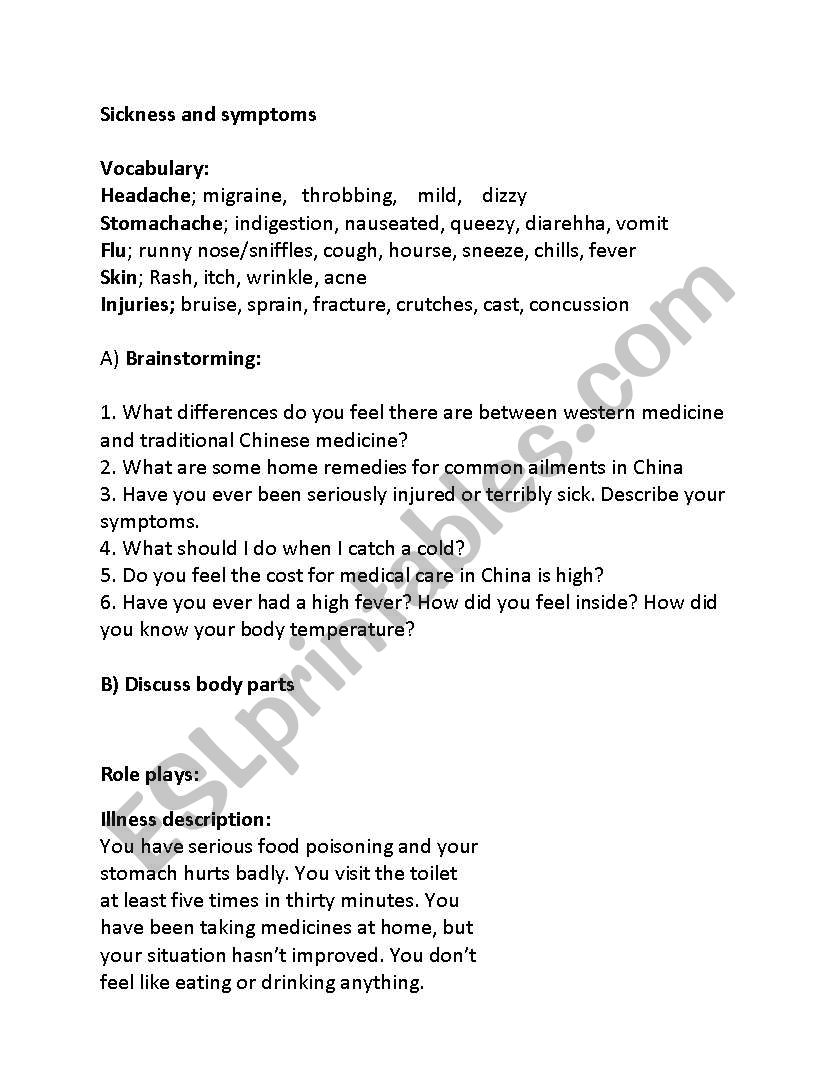 sickness and health worksheet