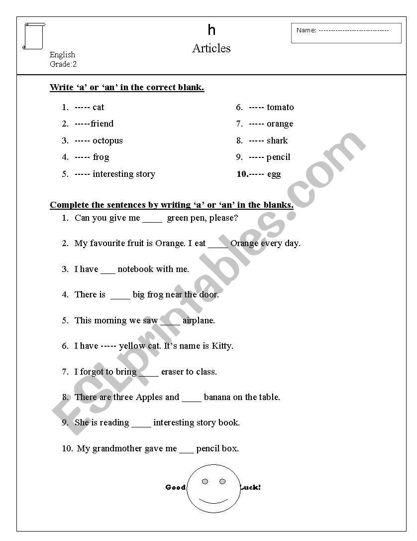 Articles worksheet