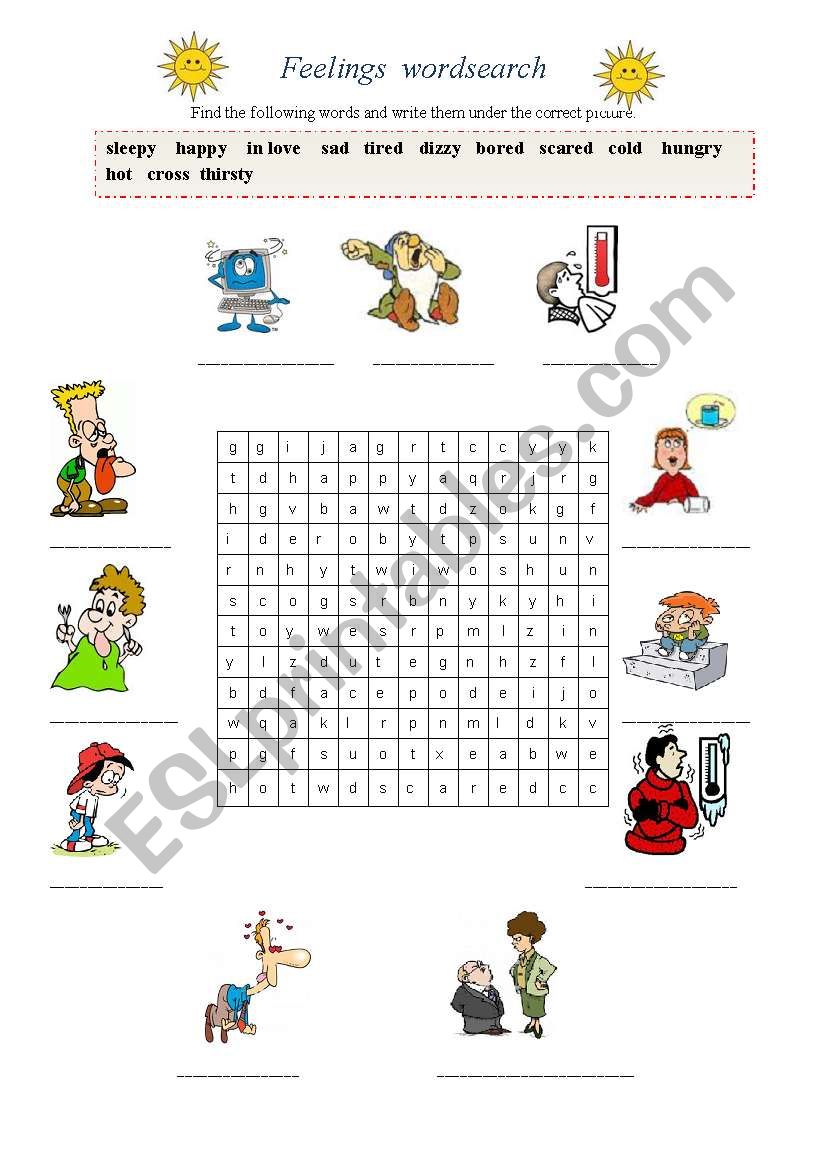 Feelings wordsearch worksheet