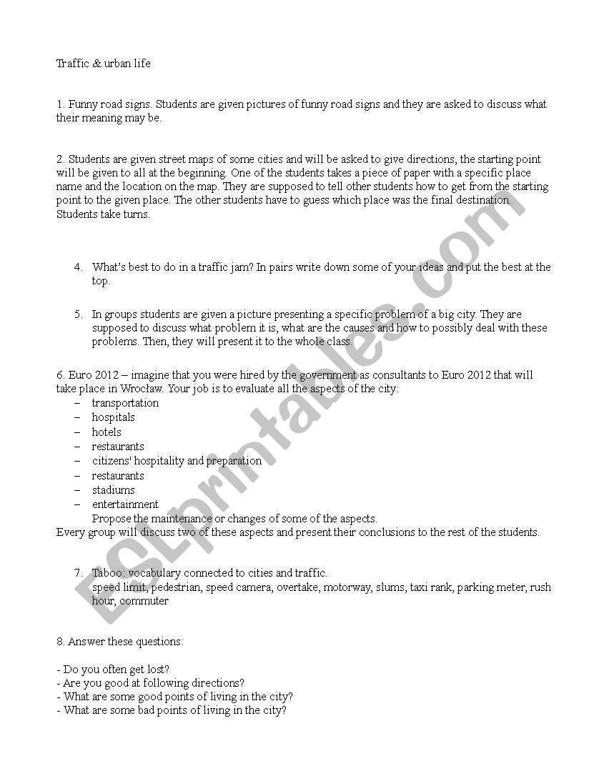 traffic & urban life worksheet