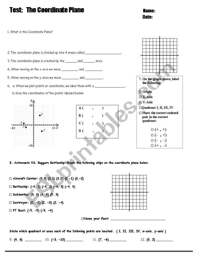 Coordinate Plane Test worksheet