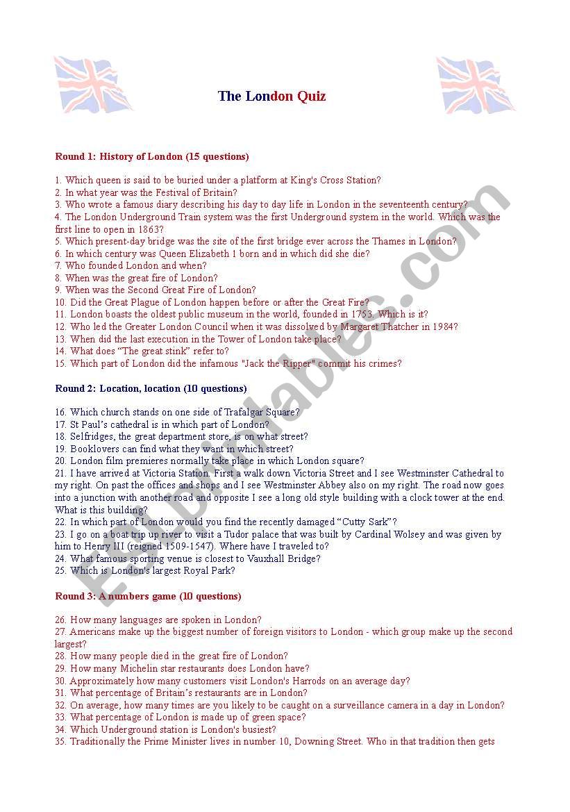 THE LONDON QUIZ worksheet