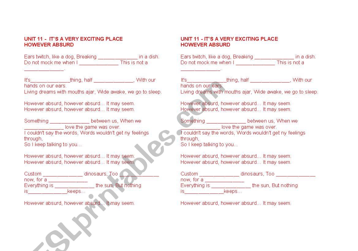 SONG: HOWEVER ABSURD worksheet