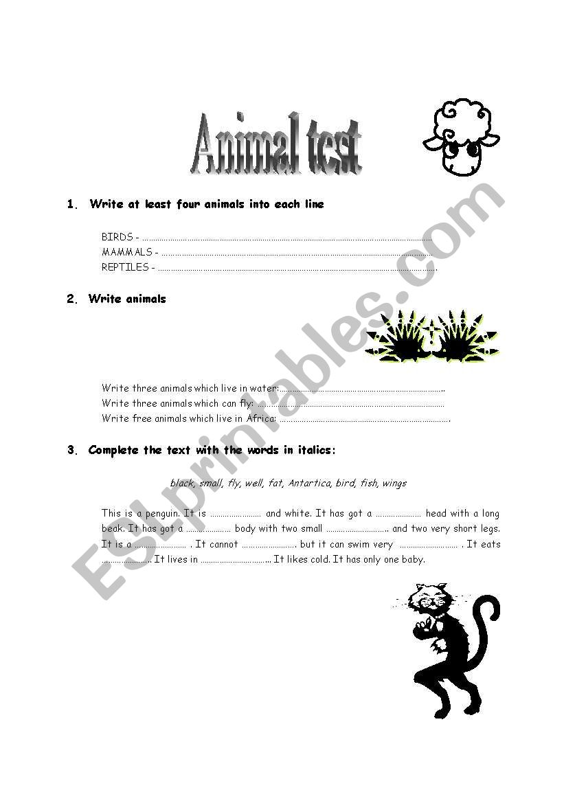 Animal test worksheet