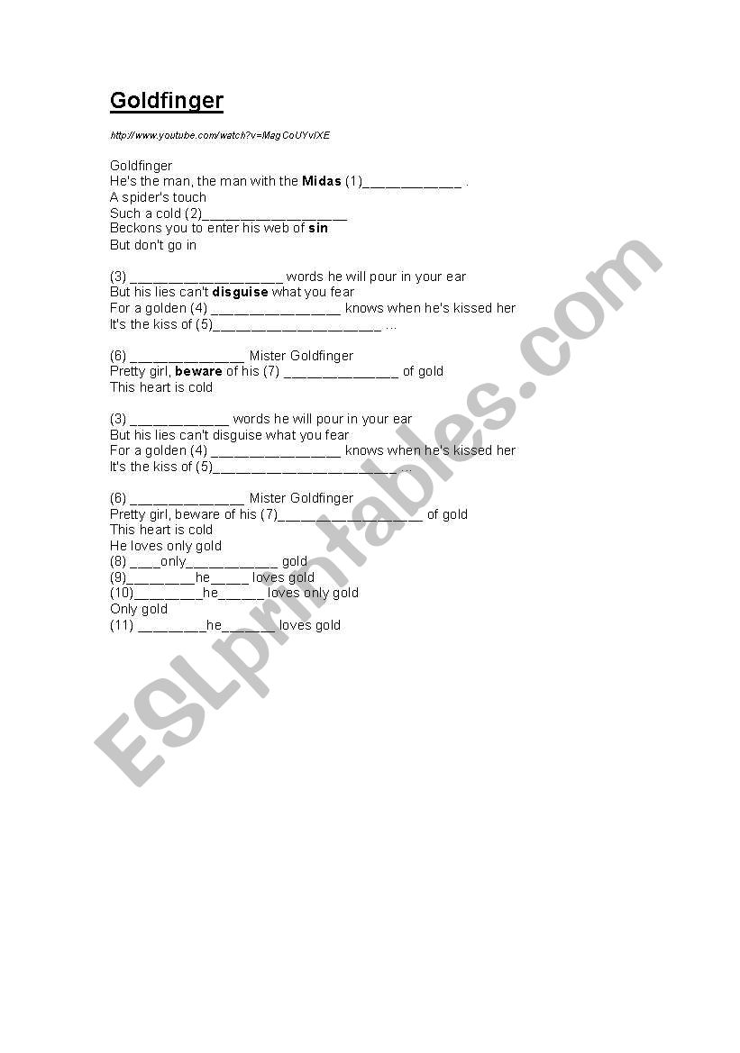 Goldfinger (song) - gap fill and comprehension