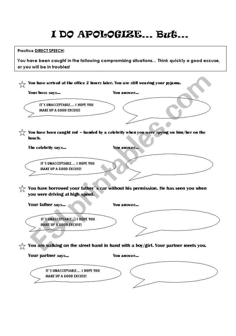I do apologize but... / worksheets to practice DIRECT VS REPORTED SPEECH
