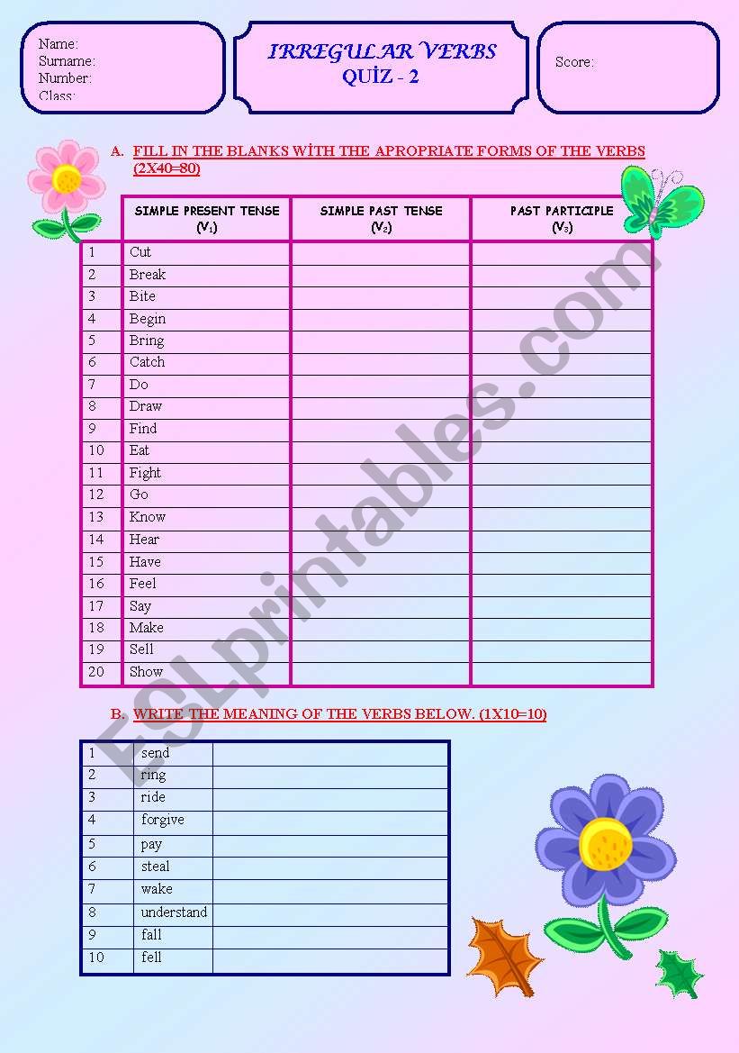 IRREGULAR VERBS QUIZ - 2 worksheet