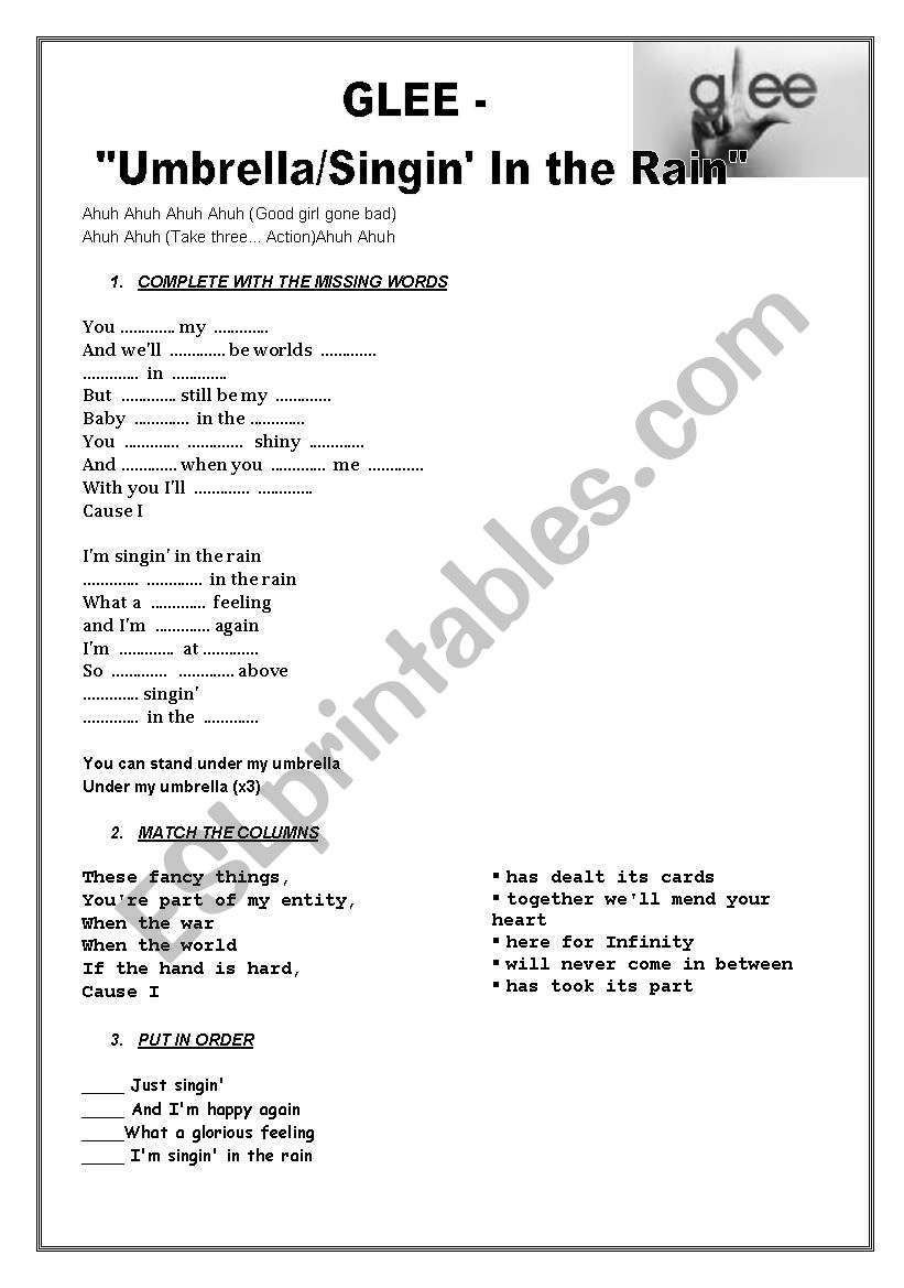 GLEE ´ SINGING IN THE RAIN/UMBRELLA ´ ESL worksheet by sole_velez
