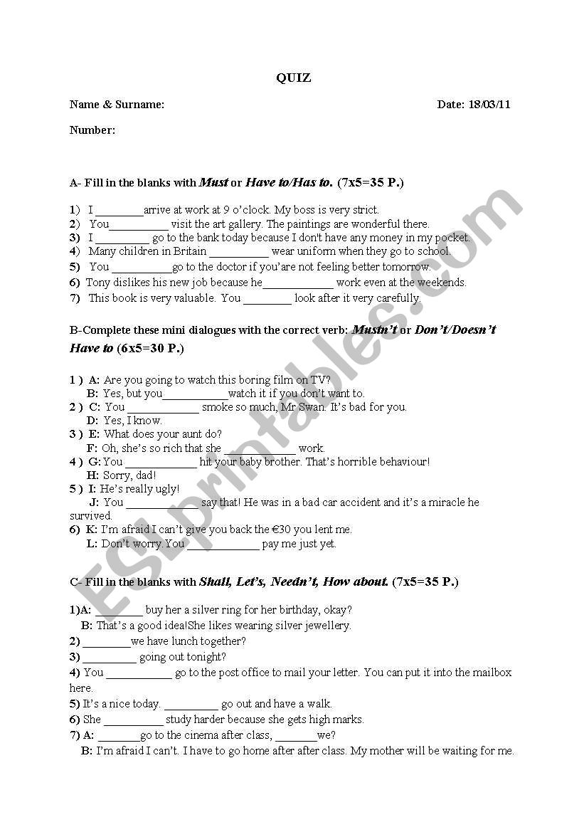 MUST OR HAVE TO - ESL worksheet by felizapenas