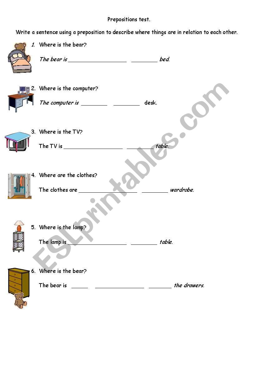 Prepositions test/worksheet (easy)