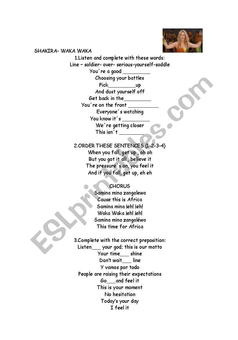 SHAKIRAS SONG WAKA WAKA worksheet