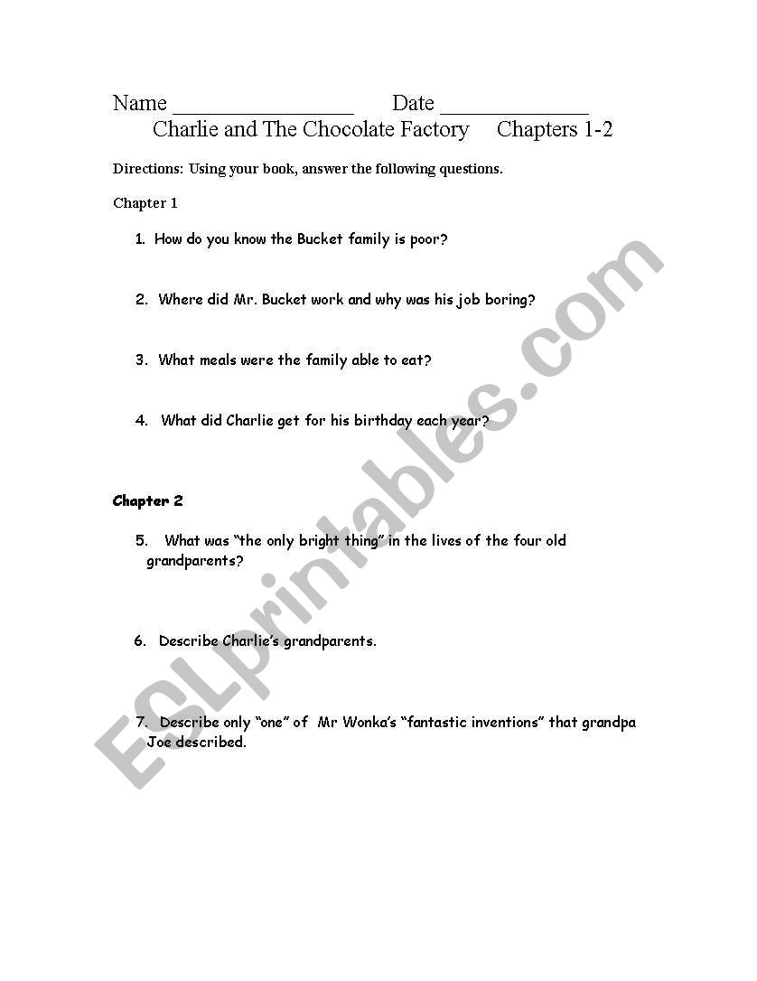 Charlie and the Chocolate Factory Test Chapters 1-2
