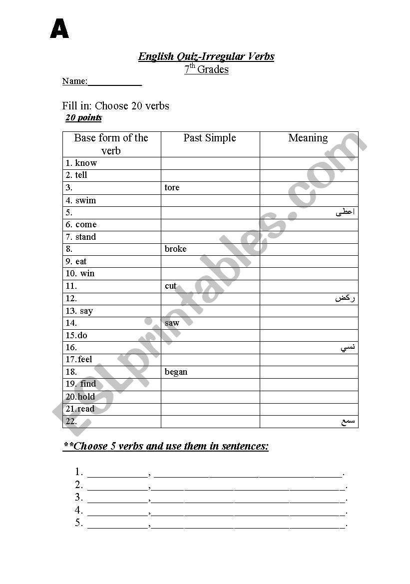 Irregular verbs worksheet