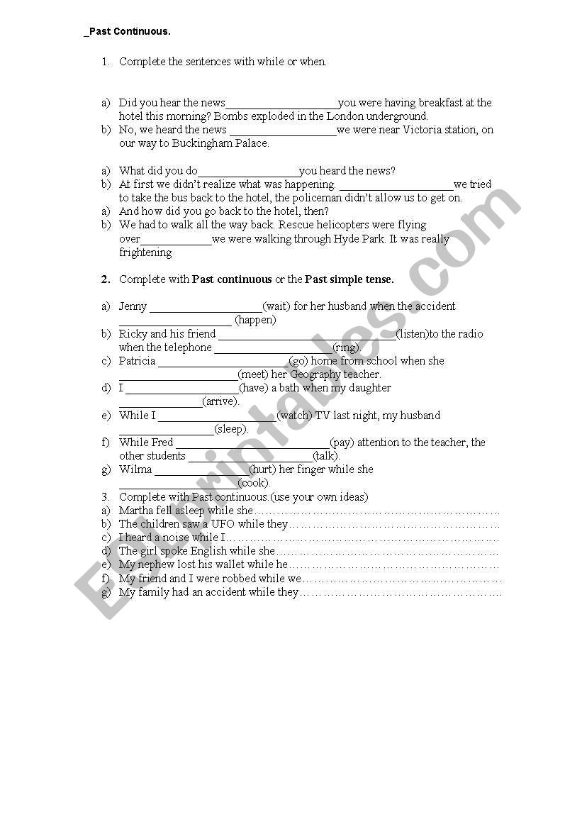 Past Continuous exercises worksheet