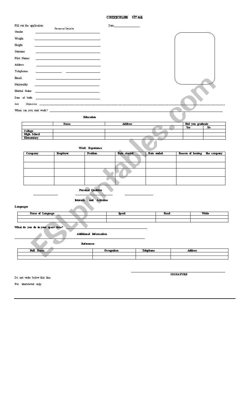 CURRICULUM  VITAE worksheet