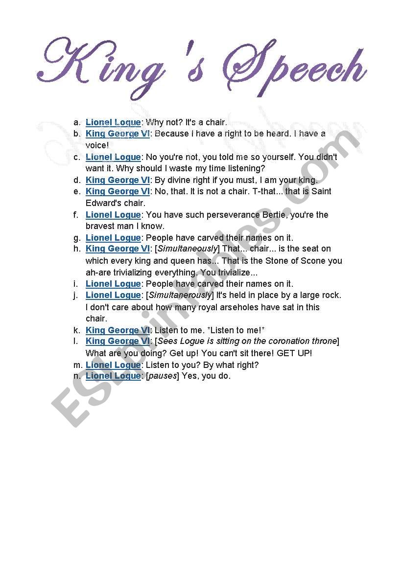 Kings speech worksheet