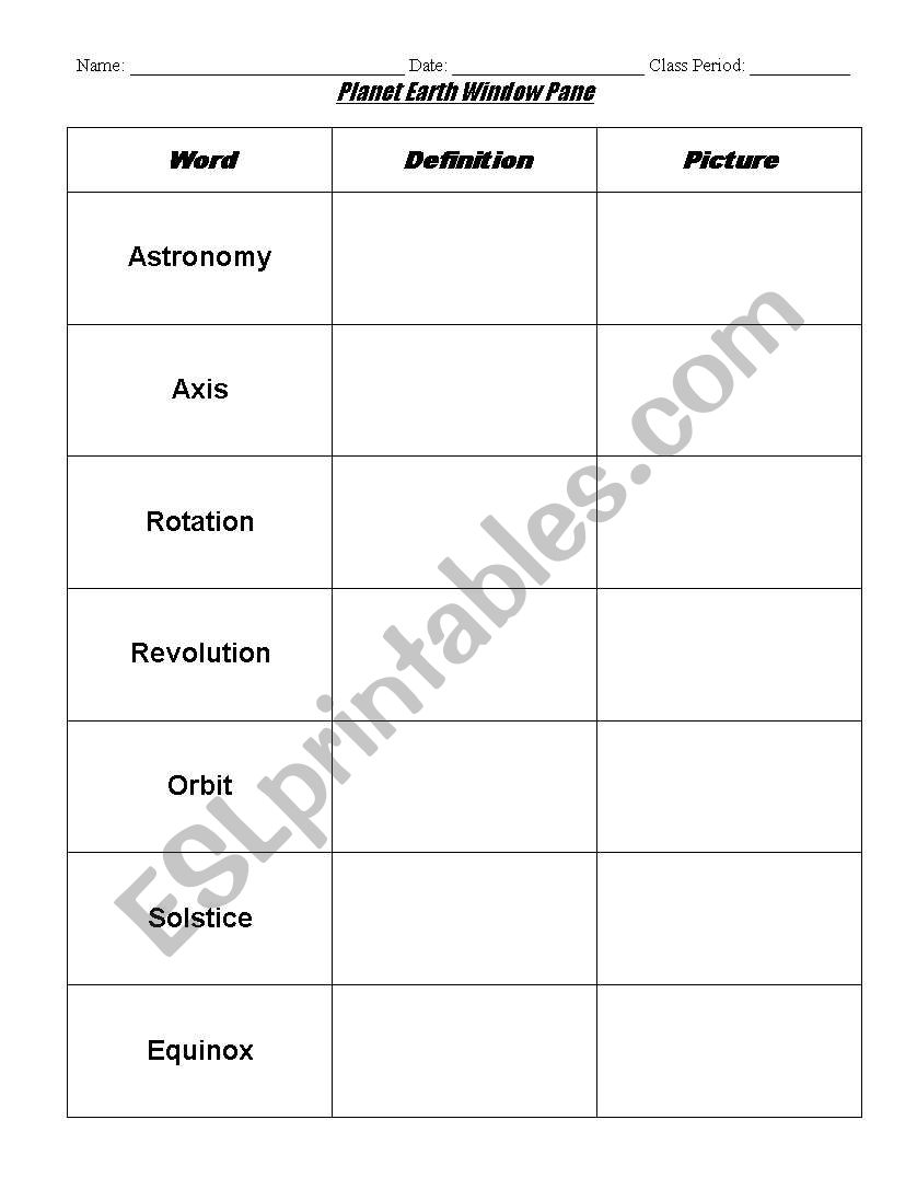Planet Earth Window Pane worksheet