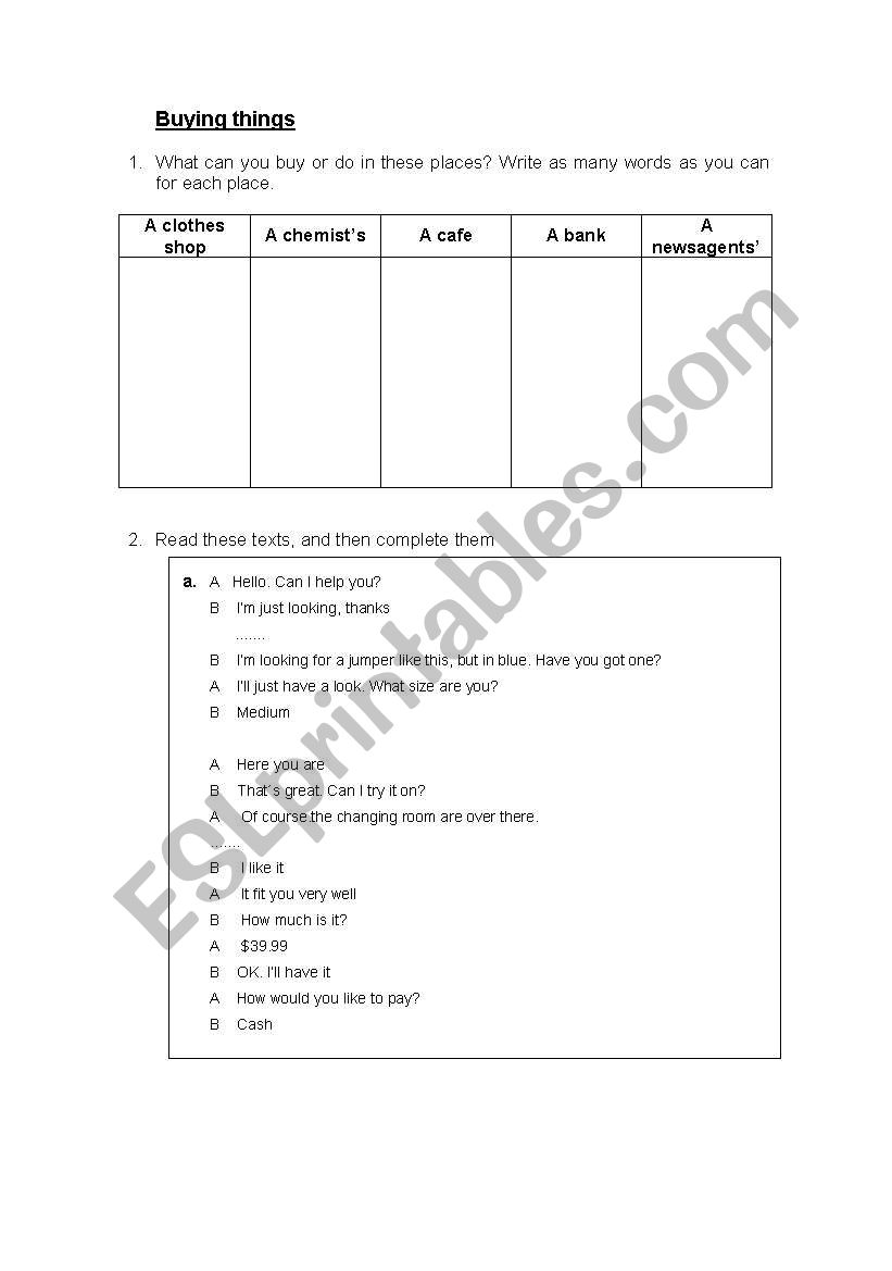 Buying things worksheet