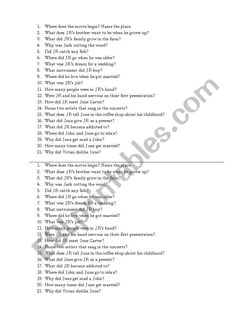 Walk the Line 21 questions worksheet