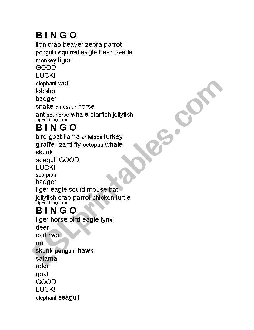 animals bingo worksheet