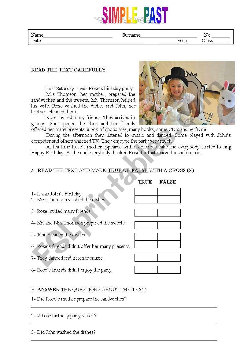 A birthday party worksheet