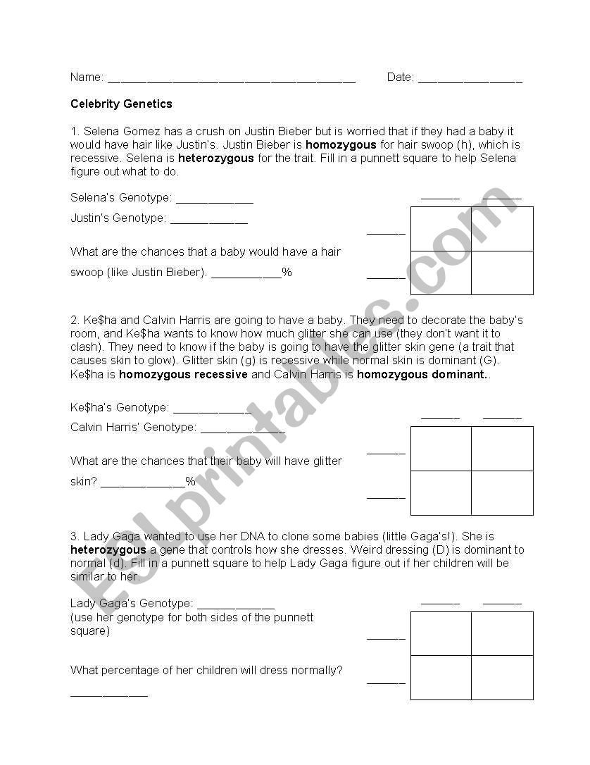 English worksheets: Celebrity Genetics Intended For Genetics Worksheet Middle School