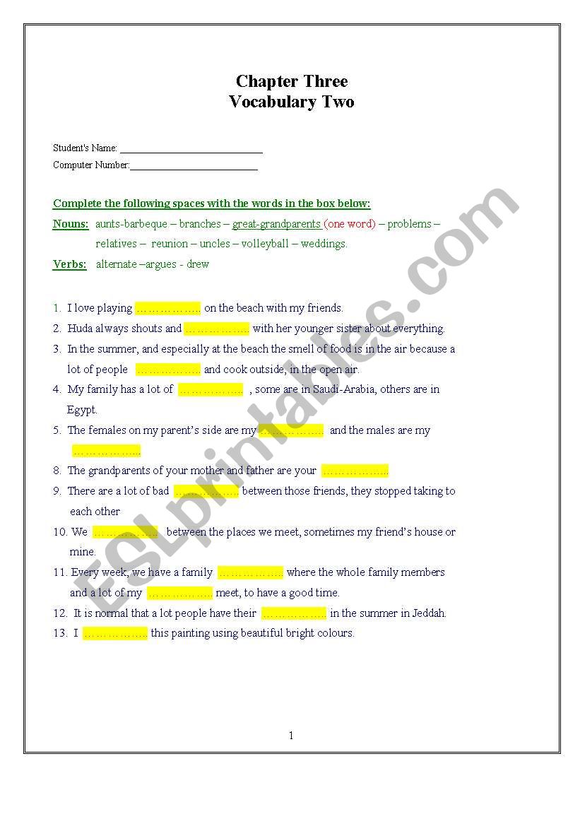 family worksheet