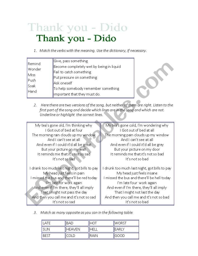 song by dido-Thank you worksheet