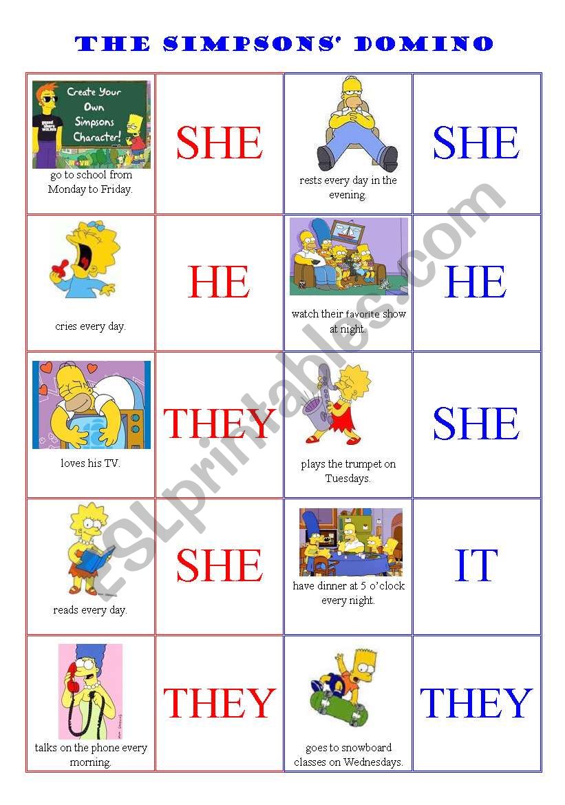 THE SIMPSONS DOMINO - PRESENT SIMPLE / PERSONAL PRONOUNS - 3 PAGES - EDITABLE