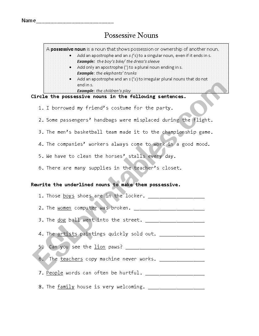 Possessive Nouns worksheet