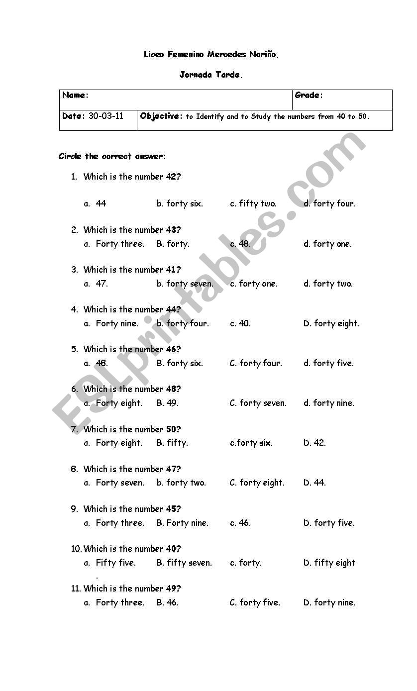 numbers 40 to 50 worksheet