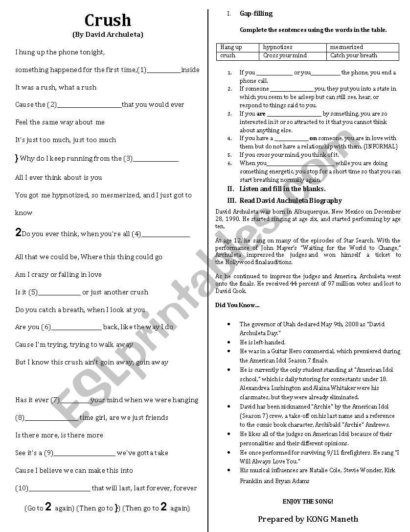 Crush by David Archuleta worksheet