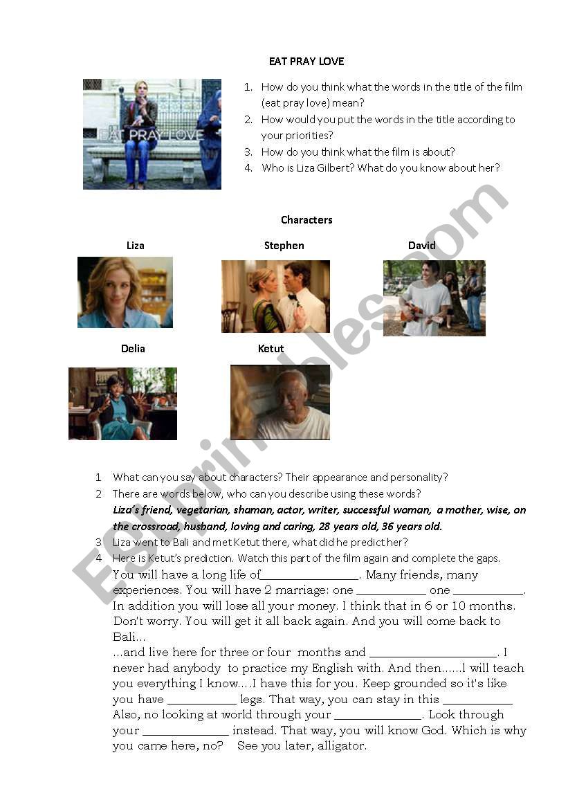 eat pray love part 1 worksheet