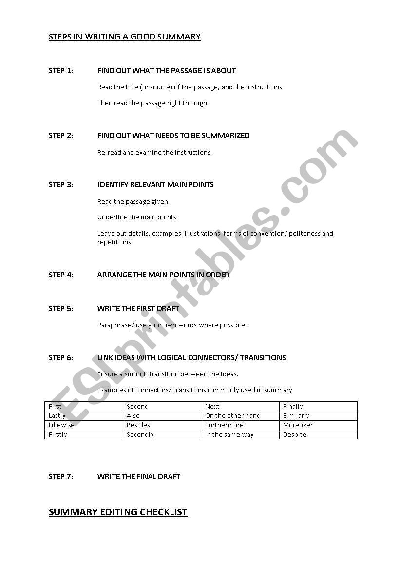 Steps in Writing a Good Summary