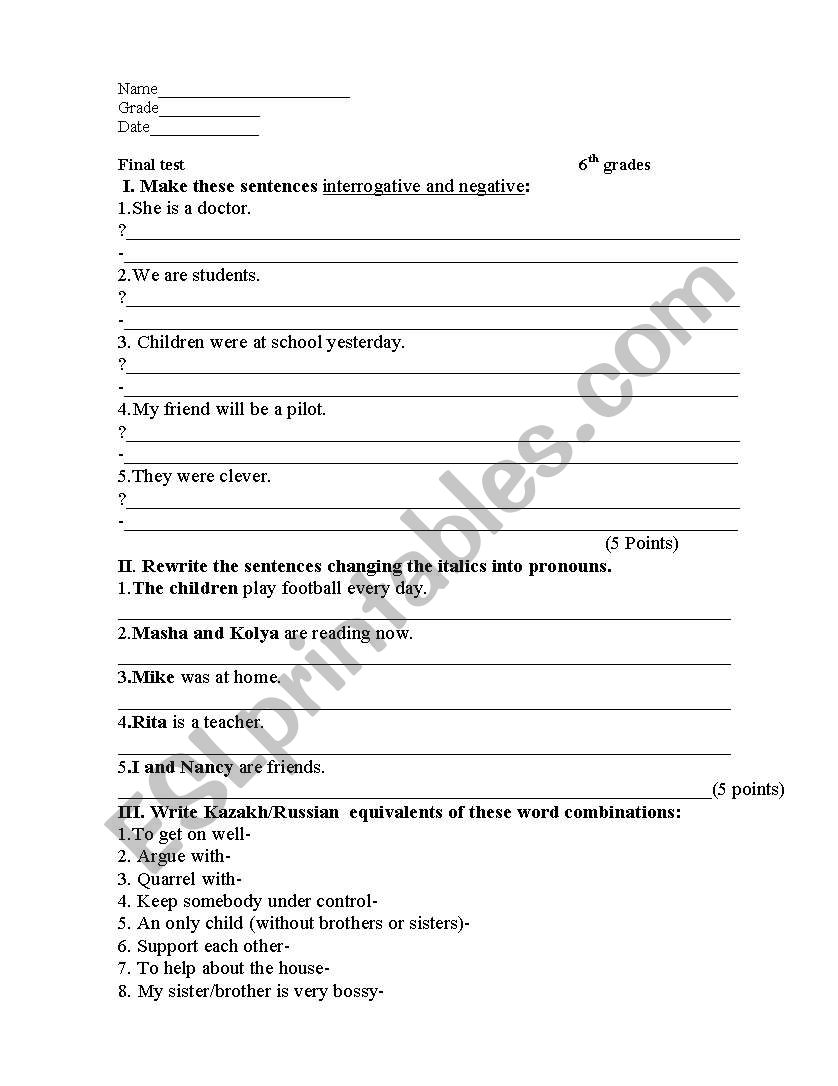 Final test 6th grades, topic: 