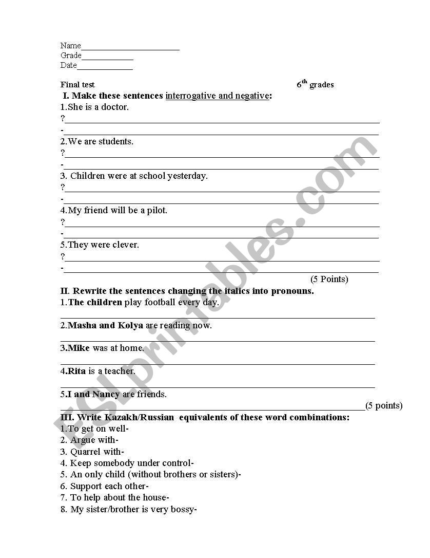 Final test 6th grades, topic: 