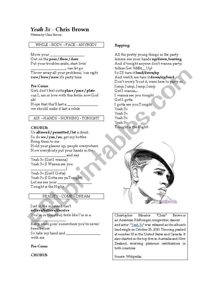 Yeah 3x - Chris Brown worksheet