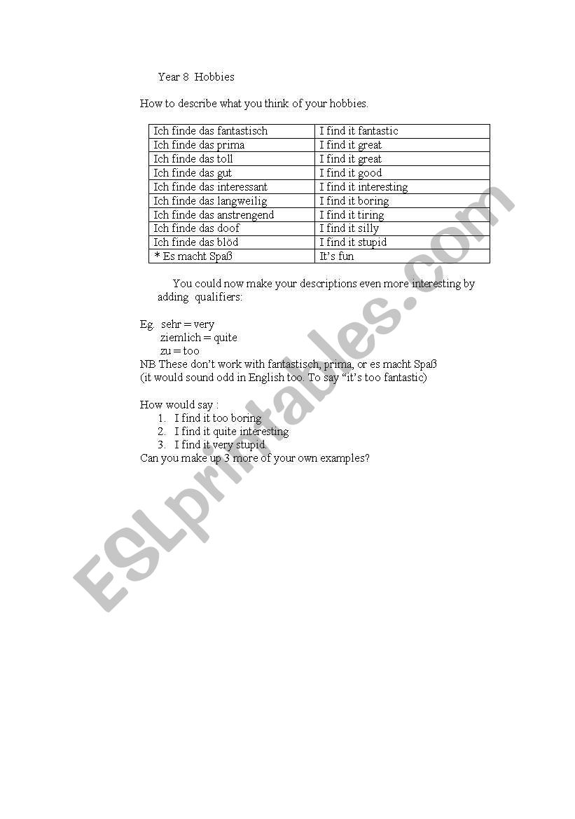 year 8 hobbies vocab worksheet