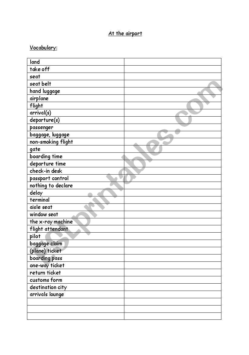 At the airport worksheet