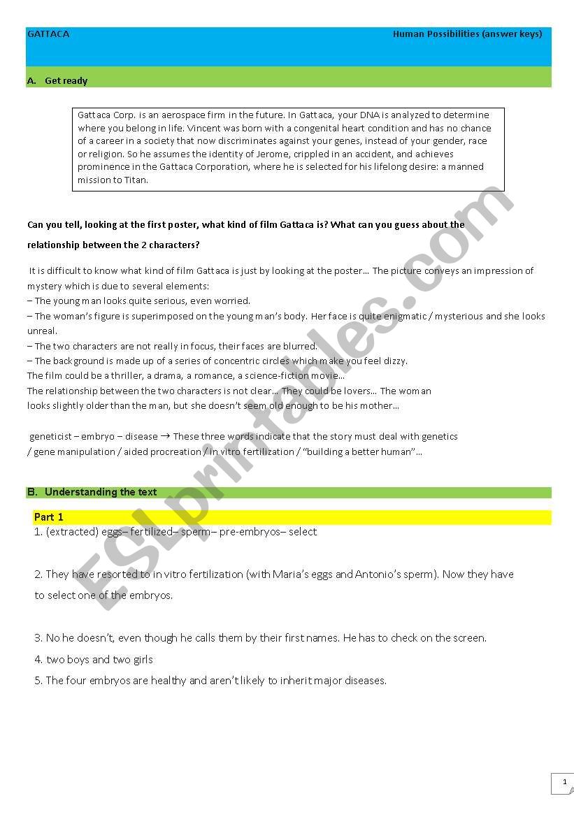 GATTACA reading skills answer keys only