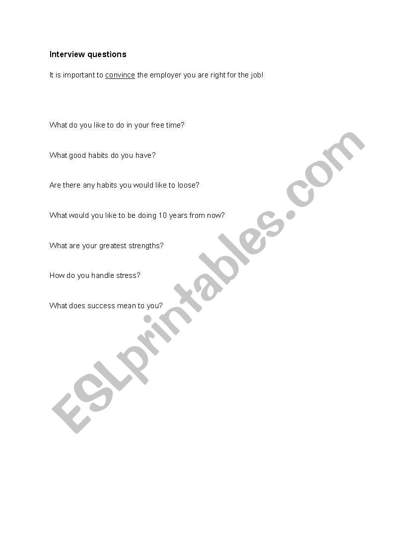 Mock interview questions worksheet