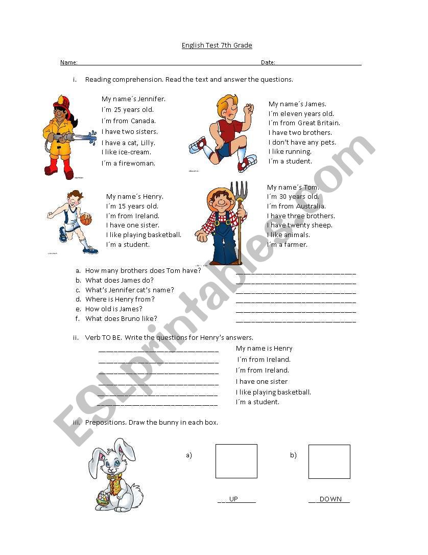 Test Personal Description, Describing People, Prepositions of place, Verb TO BE