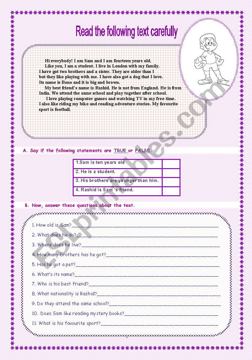 reading comprehension worksheet