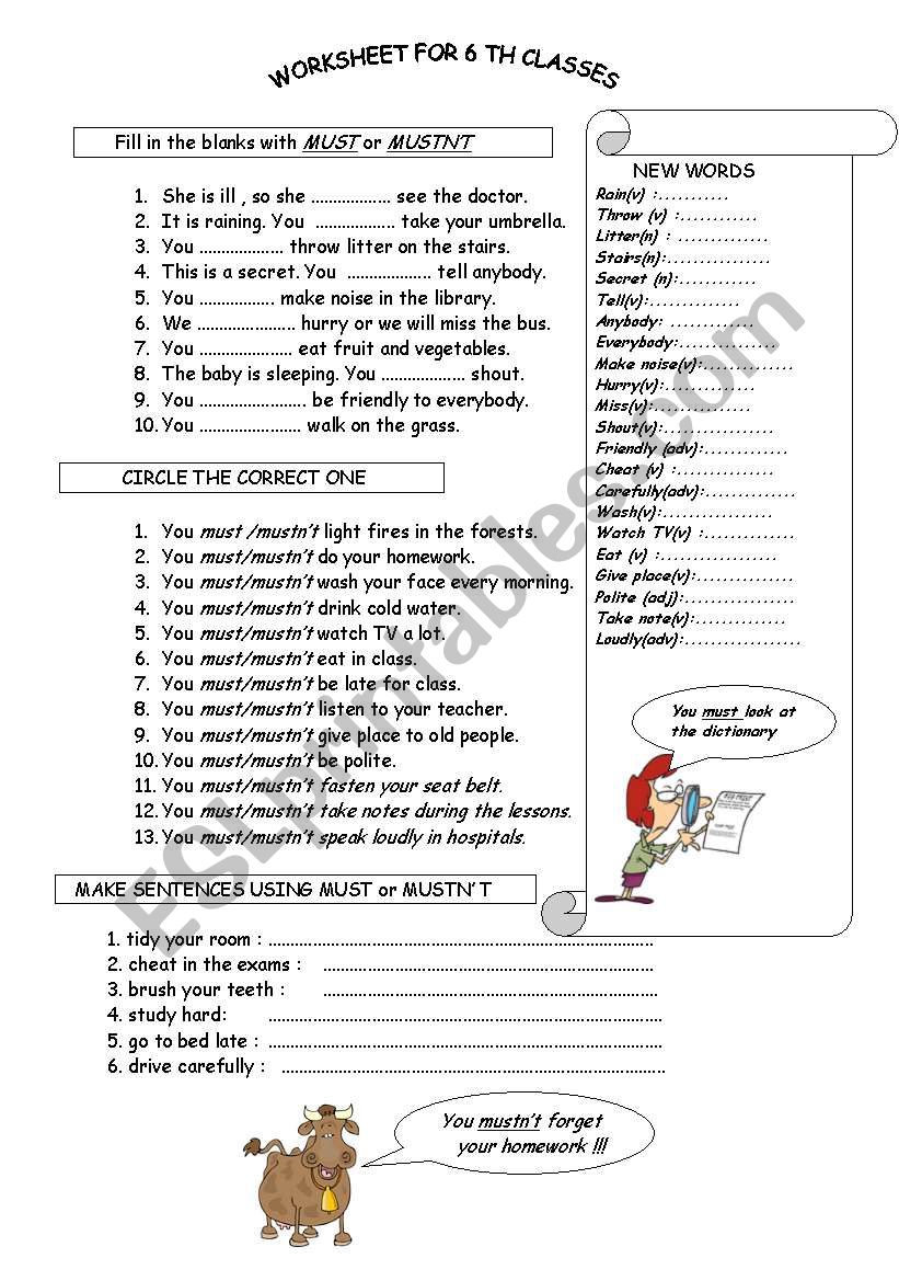 must musnÂ´t worksheet